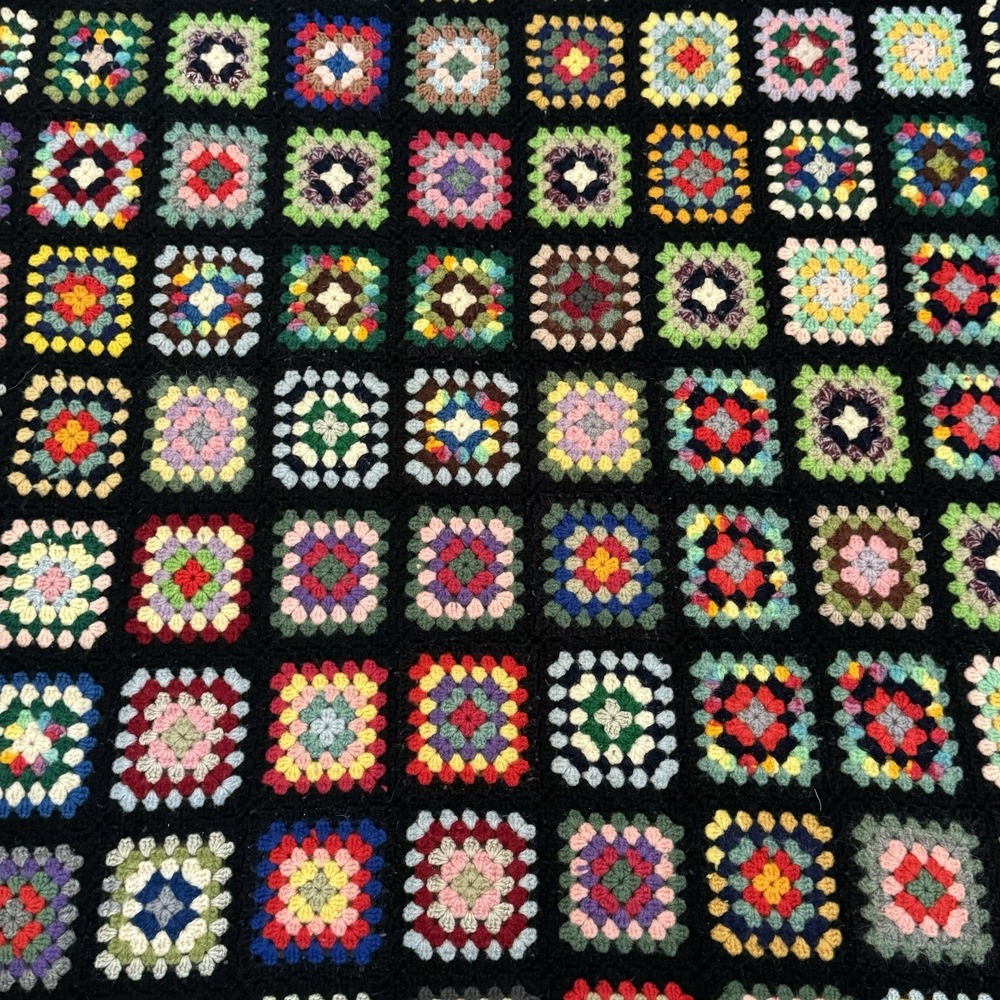 Granny Square Core Black Blanket Roseanne Couch Handmade Crochet 72x49" Afghan